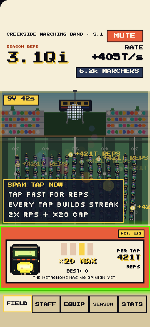 Marching Tycoon rhythm streak gameplay with the field full of performers.