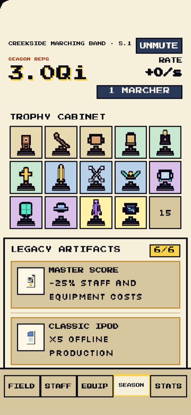 Trophy cabinet and legacy artifacts in Marching Tycoon.