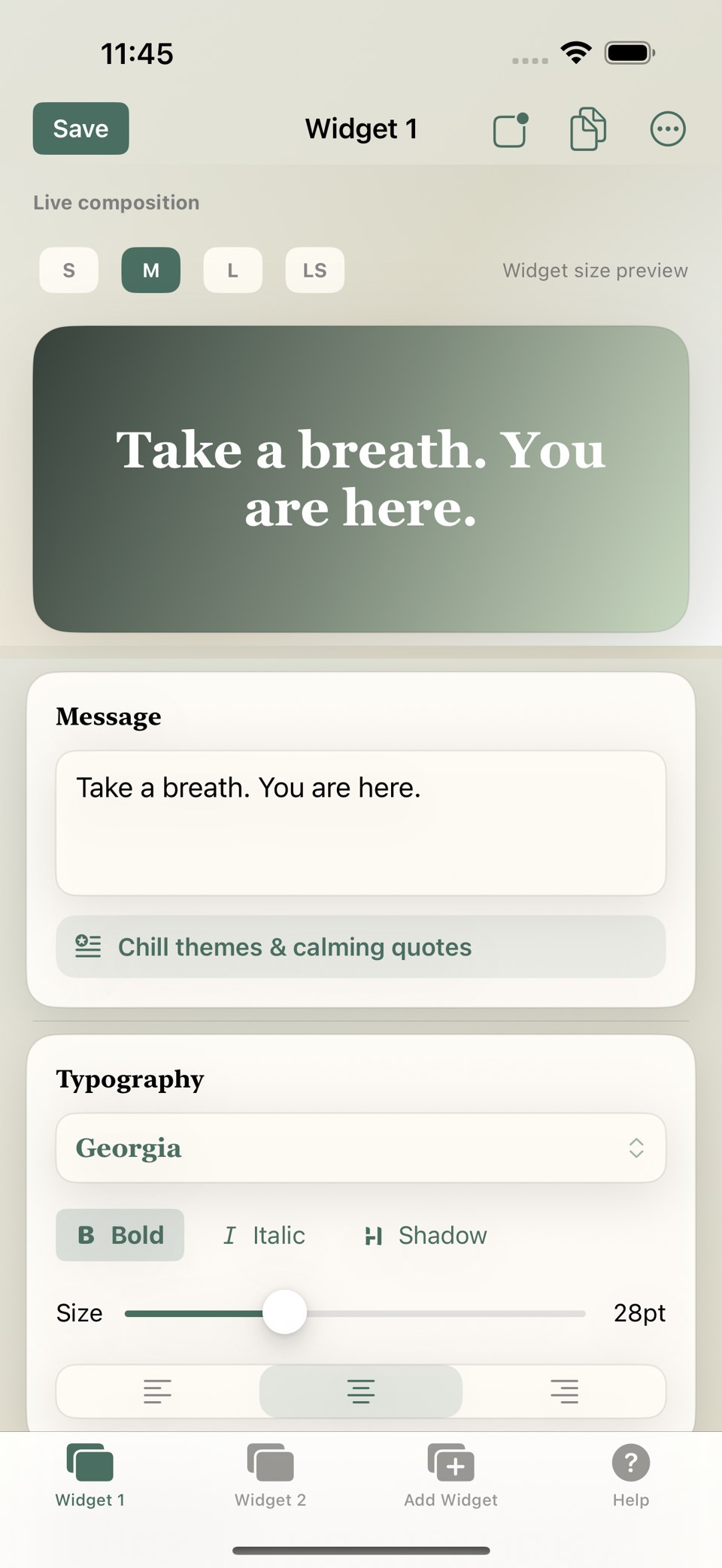 WidgText 2.5 editor with a live preview, message field and typography controls.