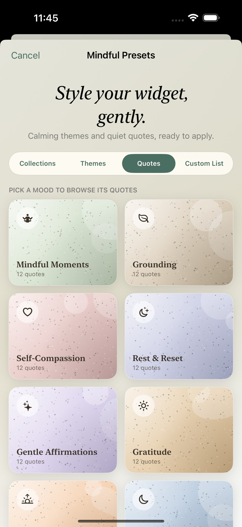 Quote collections in WidgText including Mindful Moments, Grounding, Self-Compassion, Rest and Reset, Gentle Affirmations and Gratitude