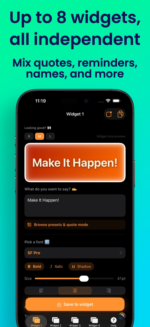 WidgText editor with fonts, styles, and up to eight independent widgets.