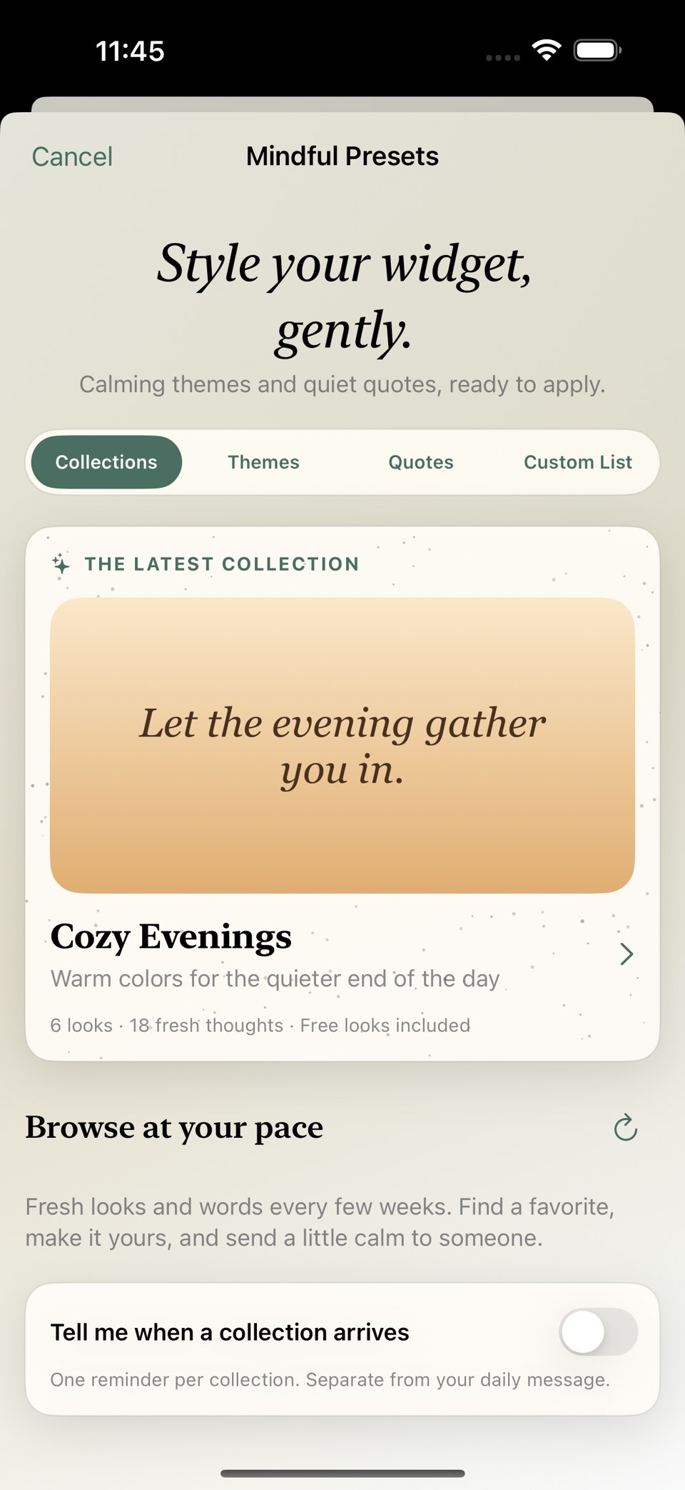 WidgText 2.5 seasonal collection browser showing Cozy Evenings.