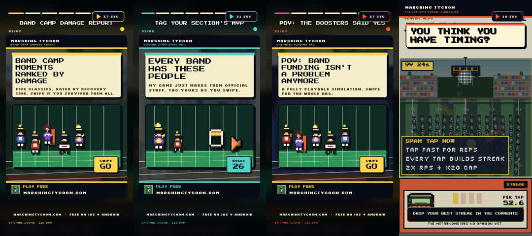 Contact sheet showing the four Marching Tycoon campaign video covers